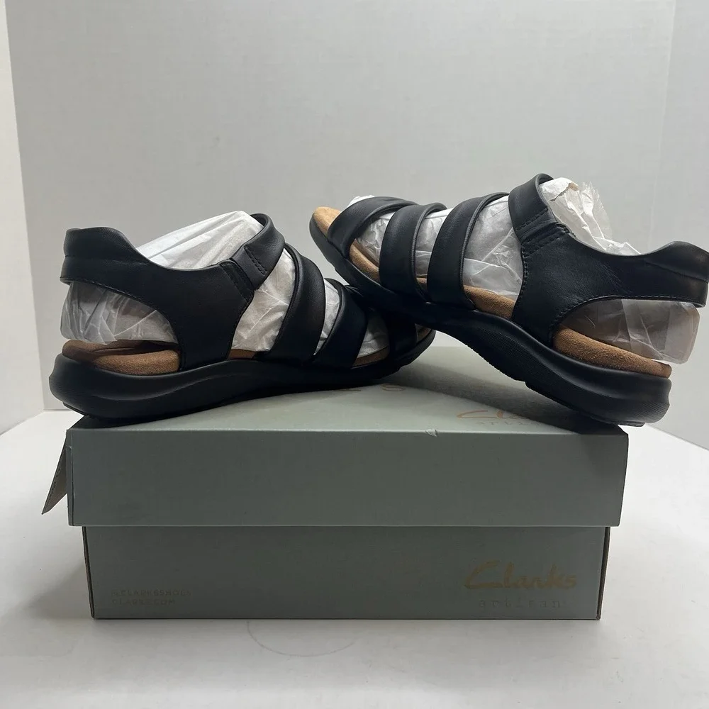 Clarks Artisan Kitly Ave Women's 8.5 M Black Leather Comfort Strappy Sandals NIB